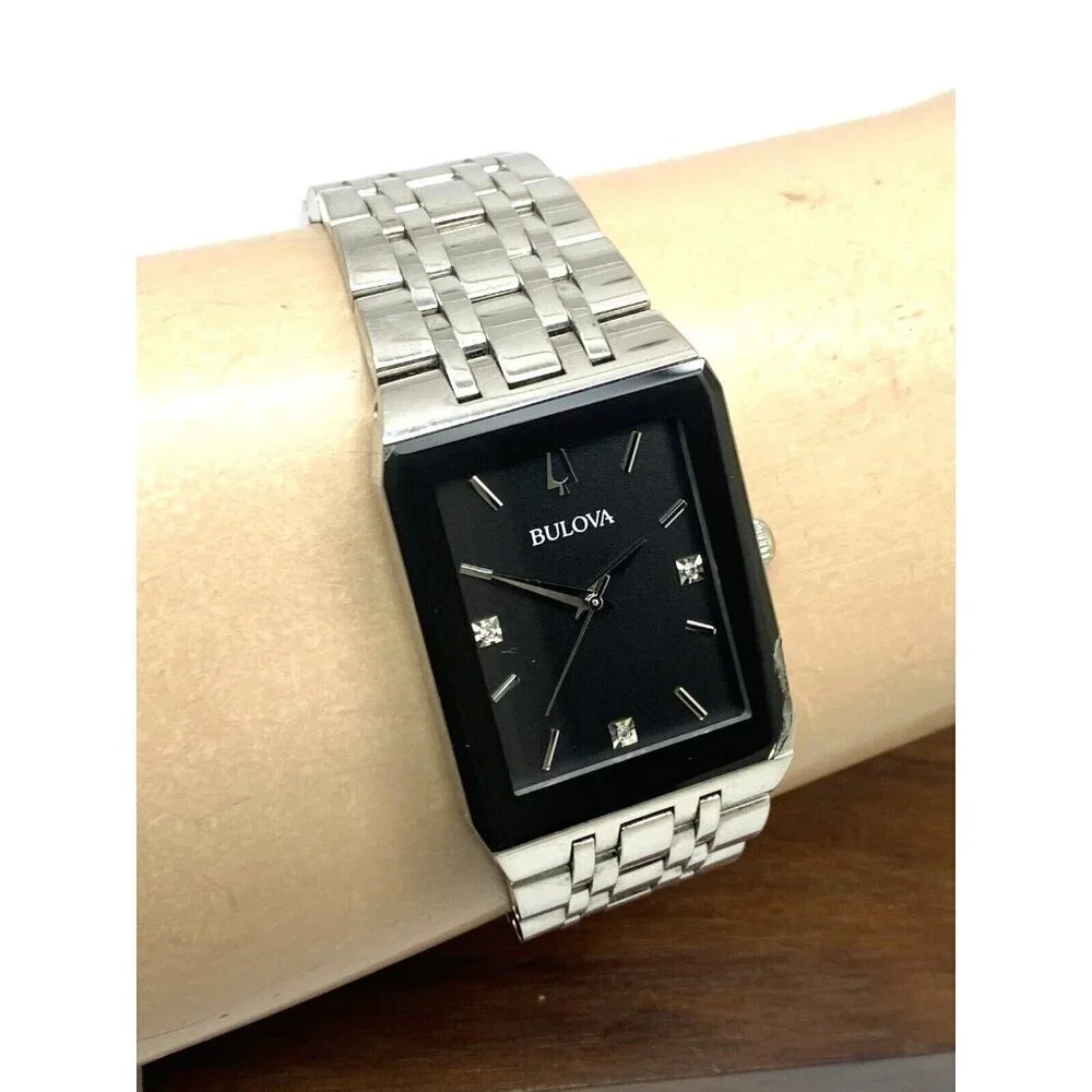 Bulova Men's Watch 96D145 Diamond Black Dial Silver Stainless Steel Quartz CHIP